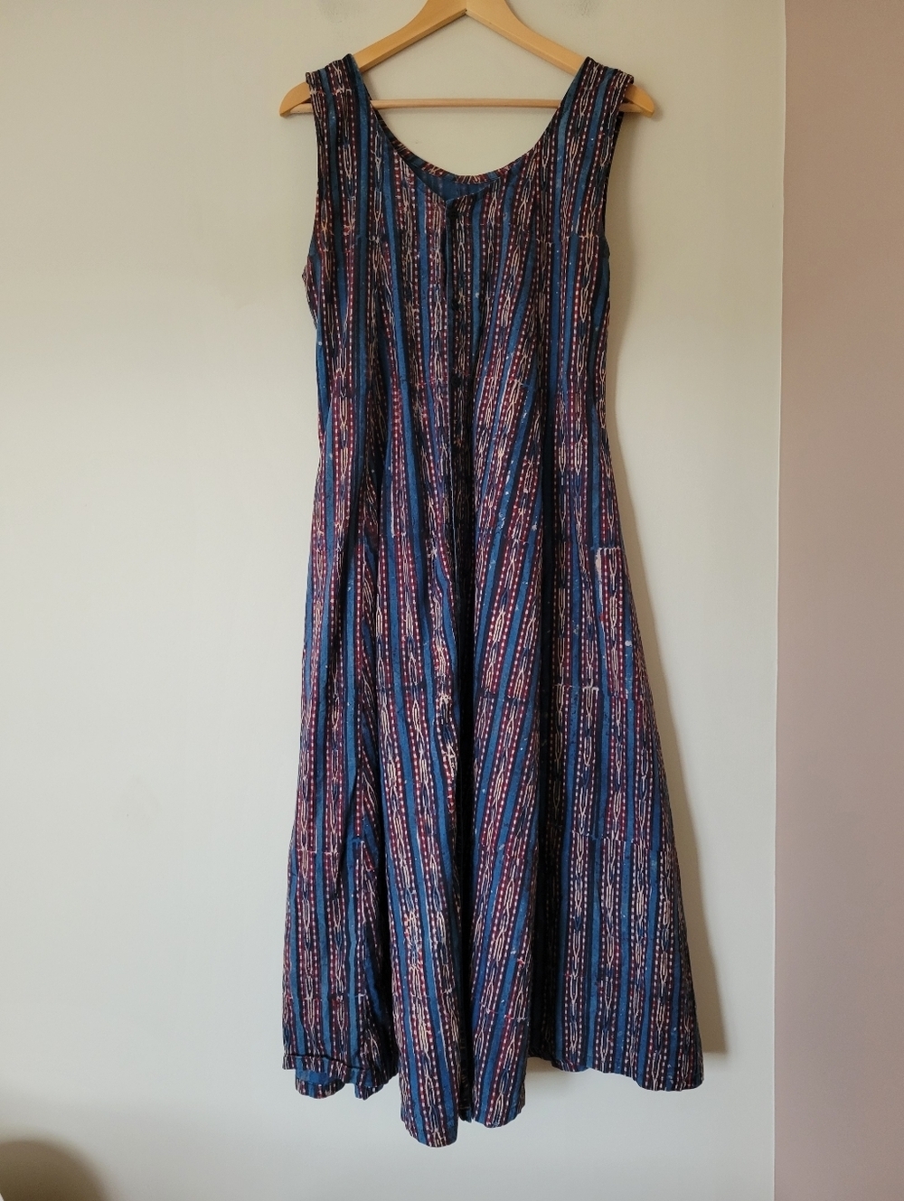 Vintage Handmade Boho Ajrakh Striped Block Print Cottom Buttom Front Midi Dress